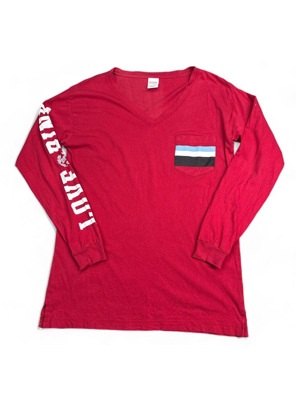 Victorias Secret PINK Tee Shirt Top Womens Size XS Red V Neck Long Sleeve